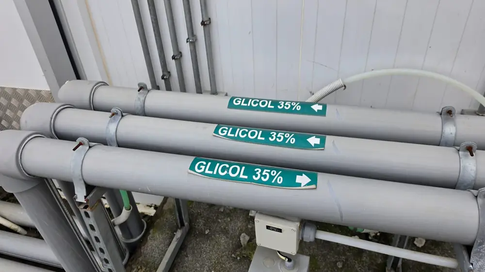Rack de líneas paralelas de glicol 35% rotuladas — proyecto Prolain